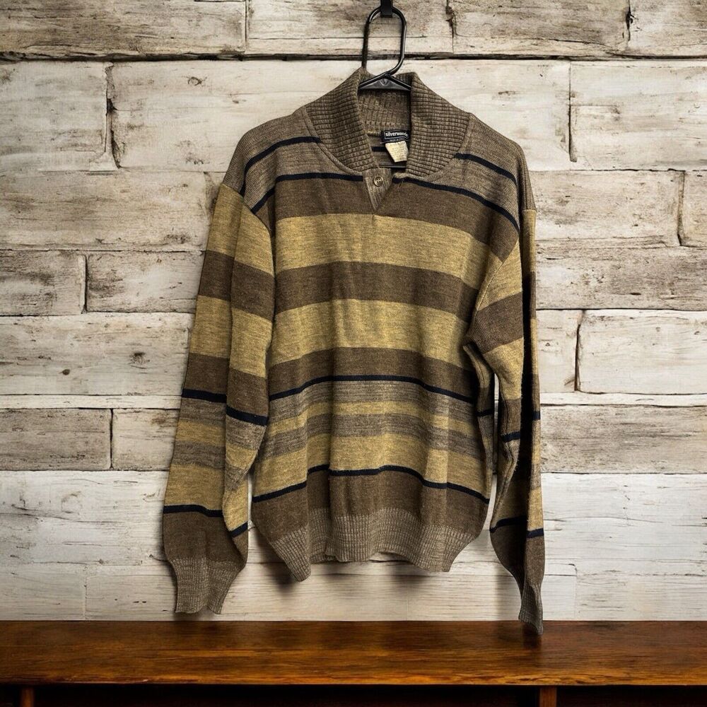 VTG Silverwoods Men’s M Shawl Collar Pullover Striped Tan Color Block Made Italy